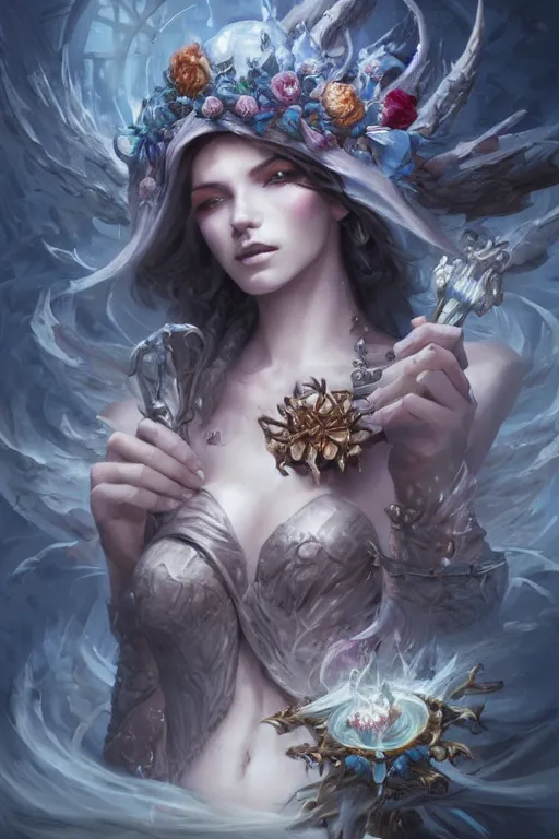 Prompt: face closeup beautiful girl necromancer covered with sculls and ice, wizard of the coast holding flowers and casting magic spell, angel, storm and thunder clouds, fantasy, magic the gathering, hyper detailed, 3 d render, hyper realistic detailed portrait, peter mohrbacher