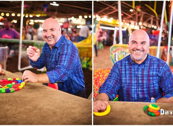 Image similar to photo still of dave mustane at the county fair!!!!!!!! at age 3 6 years old 3 6 years of age!!!!!!!! playing ring toss, 8 k, 8 5 mm f 1. 8, studio lighting, rim light, right side key light