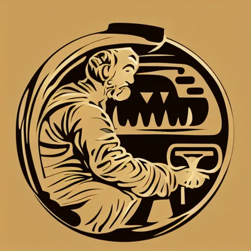 Image similar to bearded man turning bowl on woodlathe, machinery, sawblade border, vector art, simple, clean, monochromatic, woodturning