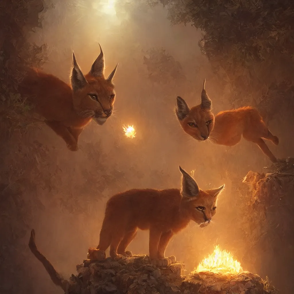 Image similar to many cute fluffy caracals, fire, magic, symmetric, fantasy epic legends stylized digital illustration radiating a glowing aura global illumination ray tracing hdr fanart arstation, 8 k, art by greg rutkowski