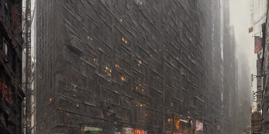 Prompt: new york city block facade. texture. doors. storefronts. cement. wall street. art by greg rutkowski and william o'connor