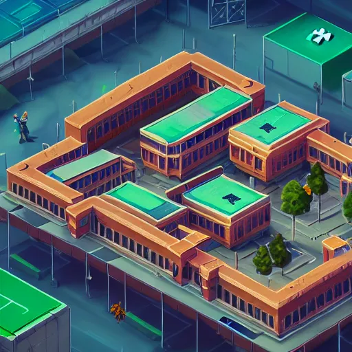 Prompt: medical building location. game illustration, gamedev, game, design, mobile game, aerial view, isometric, blizzard, easports, playrix, nexters, intricate, elegant, sport game, highly detailed, digital painting, trending on artstation, smooth, sharp focus, 4 k