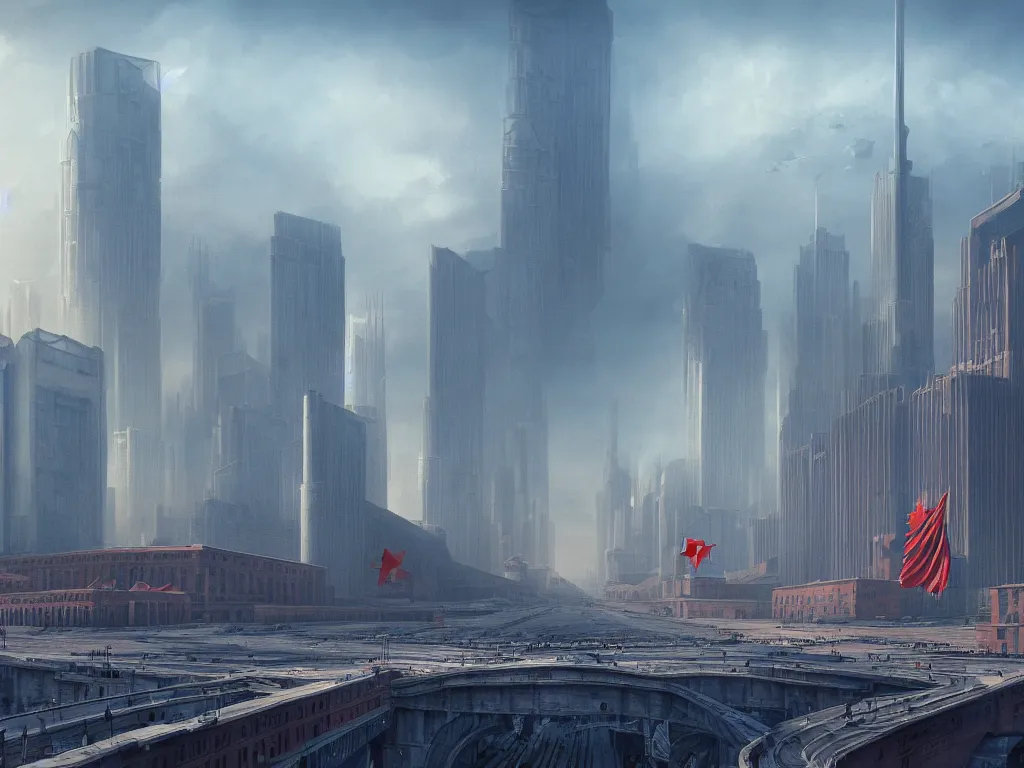 Image similar to landscape matte painting of a communist american state megastructure after the triumph of communism in america, socialist american state flag, socialist statues, digital painting, modern city scape, awe, bright future, hope, highly detailed, 4 k, artstation, photorealistic, architecture, america 2 0 9 8 by fan wennan