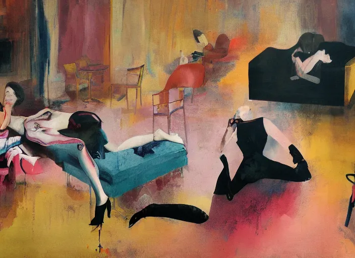 Prompt: realistic lovers collapsed in a the cafe void, curtains, college girls, couches melting, painted by John Singer Sargant, flesh, stylized by Francis Bacon, Adrian Ghenie, 8k