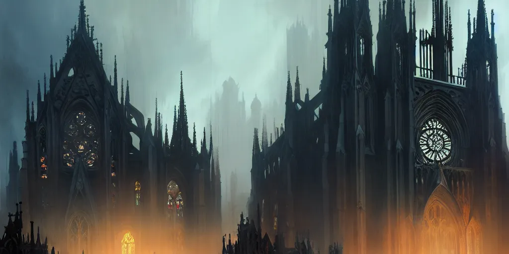 Image similar to a gothic cathedral standing in the middle of a city, extremely detailed digital painting, in the style of fenghua zhong and ruan jia and jeremy lipking and peter mohrbacher, mystical colors, rim light, beautiful lighting, 8 k, stunning scene, raytracing, octane, trending on artstation