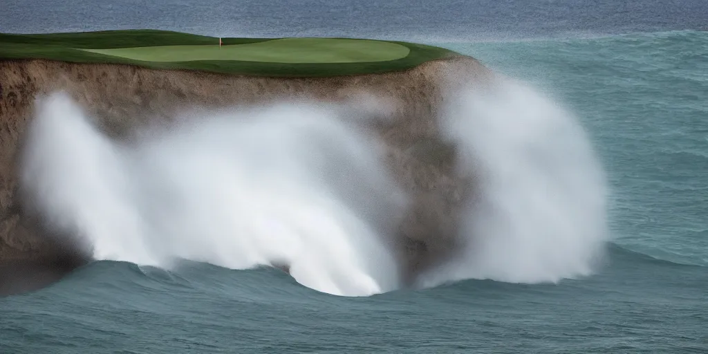 Prompt: a great photograph of the most amazing golf hole in the world complete surrounded by water, huge waves crash against the cliffs, perfect light, ambient light, 5 0 mm, golf digest, top 1 0 0, fog