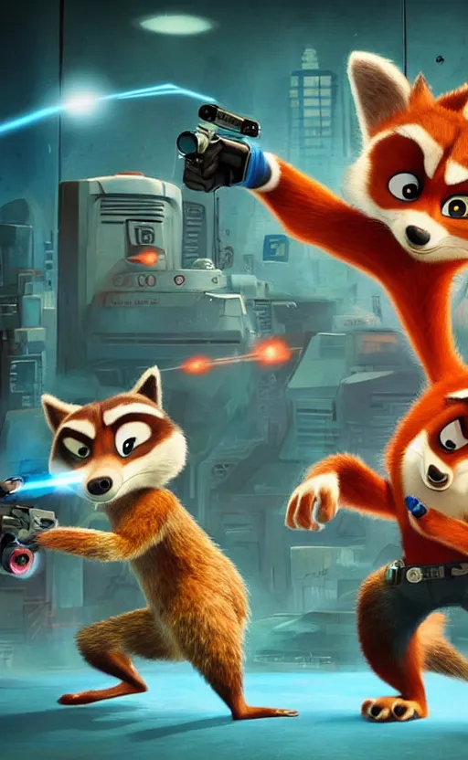 Image similar to “red racoon holding laser gun standing face to face off with blue racoon holding laser gun, boxing style face off, cinematic, dramatic in the style of zootopia”