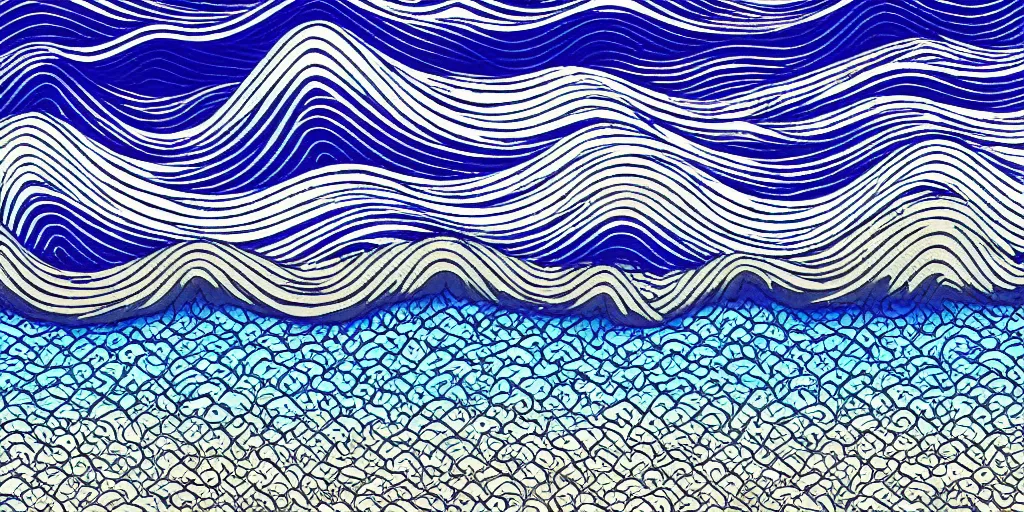 Image similar to clouds and waves, An aesthetically pleasing, dynamic, energetic, lively, complex, intricate, detailed, well-designed digital art of a beach, ripples, waves, sea foam, light and shadow, overlaid with aizome patterns, Shin-hanga by Bob Ross, traditional Japanese colors, superior quality, masterpiece