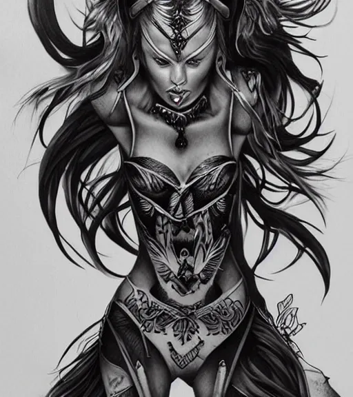 Image similar to tattoo design on white background of a hyper realistic beautiful girl warrior, hyper detailed, inspired by eliot kohek