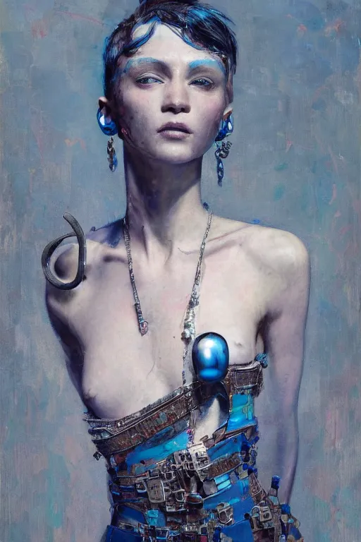 Prompt: an epic non - binary model, subject wearing a belt made out of computer mice, flowing, ornate, beautiful, intricate, muted tonal colors, with few ultramarine highlights, by jeremy mann and ilya kuvshinov, jamie hewlett, 8 0 mm lens, trending on artstation, oil on canvas