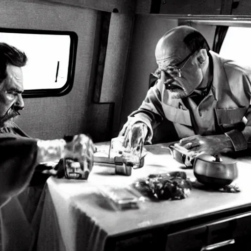 Prompt: still of walter white and stalin cooking meth, ziploc bags full of meth, interior of rv, b&w filter