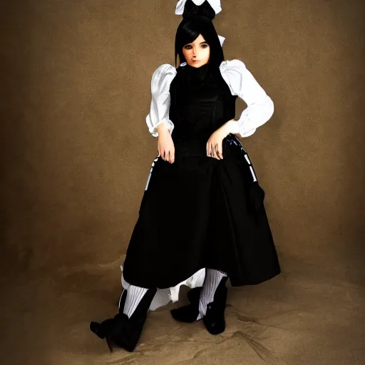 Prompt: kylie jenner in 2 b cosplaying victorian maid outfit light cinematography photoshoot