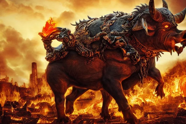 Image similar to immense, colossal demon boar. brutal. with bulging muscles. wearing a silver mesh necklace filled with amber. rampaging across the burning ruins of an ancient city.