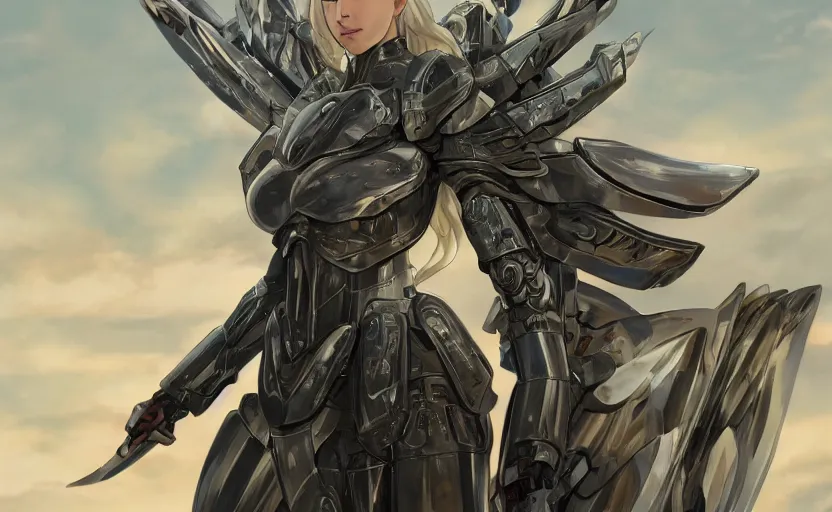 Image similar to mechanized valkyrie of daenerys targaryen from game of thrones, anime style, konami mecha, spread wings, hair down, symmetrical facial features, from arknights, hyper realistic, 4 k, rule of thirds, extreme detail, detailed drawing, trending artstation, hd, d & d, realistic lighting, by alphonse mucha, greg rutkowski