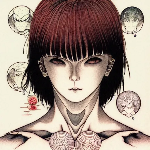 Image similar to prompt: Fragile looking character soft light portrait face drawn by Takato Yamamoto and Katsuhiro Otomo, tattooed face, inspired by Akira 1988 anime, alchemical objects on the side, soft light, intricate detail, intricate gouache painting detail, sharp high detail, manga and anime 2010