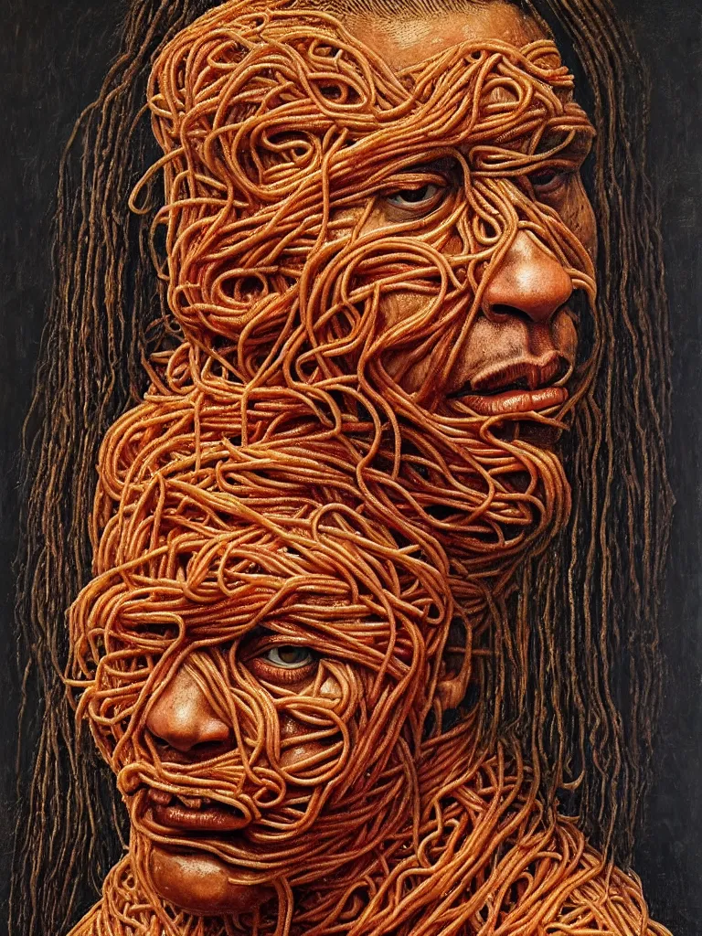 Prompt: virgil van dijk made of spaghetti, by giuseppe arcimboldo and ambrosius benson, renaissance, intricate and intense oil paint, a touch of beksinski and hr giger and edward munch, realistic