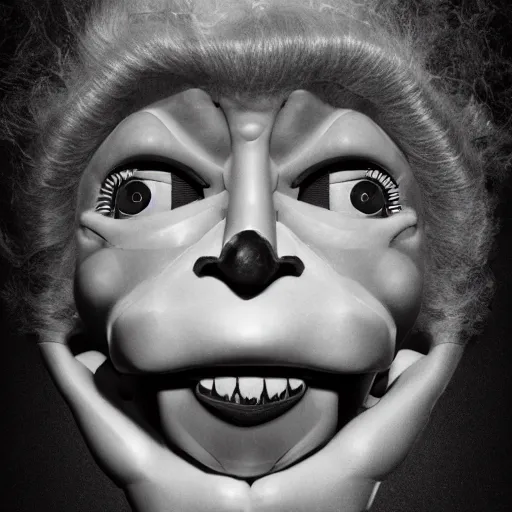 Image similar to A extremely ultra high detailed stunning portrait of a ventriloquist dummy in eraserhead, scary, twisted horrifying, creepy ,ethereal, dramatic lightning, rim light, hyperrealistic, photorealistic, octante render, elegant, cinematic, high textures, hyper sharp, 8k, insanely detailed and intricate, graphic design, cinematic atmosphere, hypermaximalist, hyper realistic, super detailed, 4k HDR hyper realistic high quality