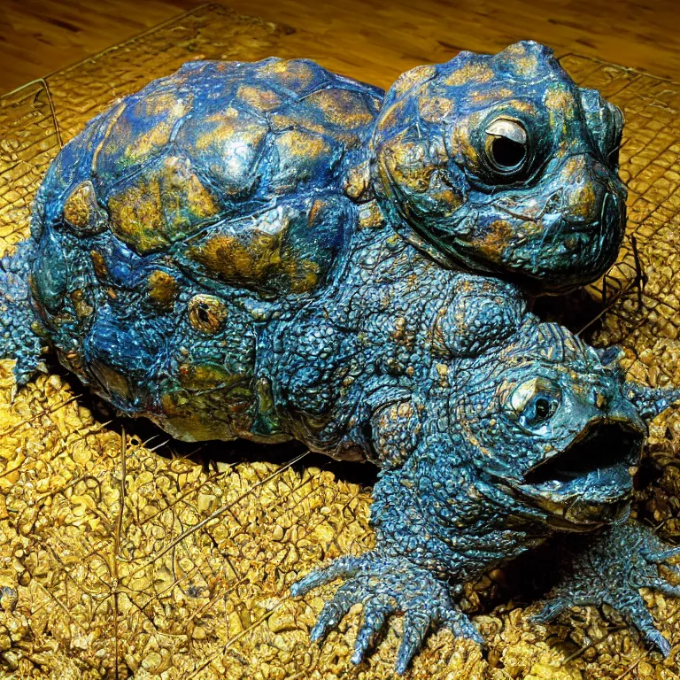 Prompt: hyperrealistic sculpture of a bronze fossilized ancient pinecone snapping turtle dusted with saffron and deep blue and grass green spraypaint and walnuts in a grid cage on a pedestal by ron mueck and duane hanson and lee bontecou, hyperrealistic dramatic colored lighting trending on artstation 8 k