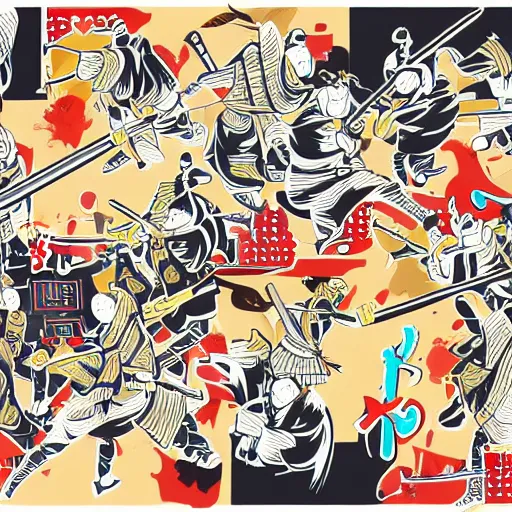 Image similar to samurai fighting, sticker, highly detailed, colorful, illustration, smooth and clean vector curves, no jagged lines, vector art, smooth