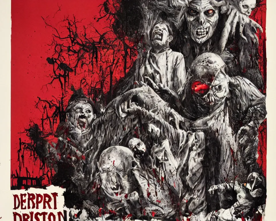 Image similar to a horror movie poster featuring a christmas card with a sinister demon and vultures, covered in blood