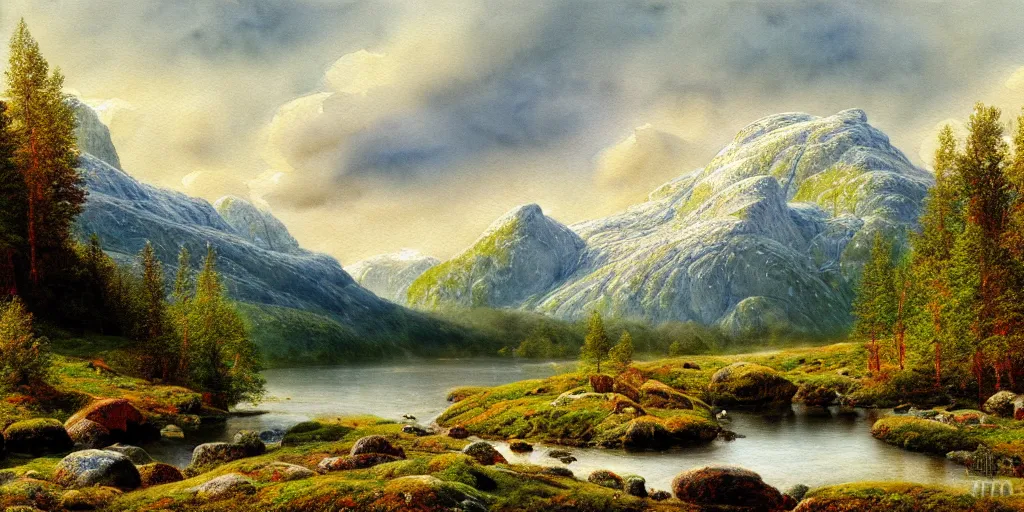 Prompt: an amazing norway landscapes glue and pva mountains, watercolor art, wool felting art, by ivan shishkin, 8 k resolution, colorful, digital art