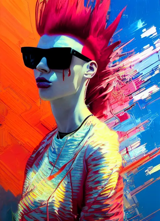 Prompt: an angelic hacker with a red mohawk in vast cyberspace glitching through the sunshine, sunburst background, wearing sunglasses, futuristic clothes, vibrant colors, glitchy, rule of thirds, spotlight, drips of paint, expressive, passionate, by greg rutkowski, by jeremy mann, by francoise nielly, by van gogh, digital painting
