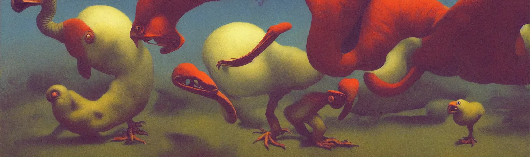 Prompt: monster giant dodo birds fight space snakes, Edward Hopper and James Gilleard, Zdzislaw Beksinski, Mark Ryden, Wolfgang Lettl highly detailed, hints of Yayoi Kasuma, Odilon Redon. Drexler