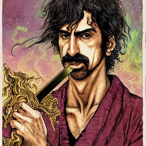 Image similar to attractive 22 year old Frank Zappa golden Vagabond magic swordsman glides through a beautiful battlefield magic the gathering dramatic esoteric!!!!!! pen and ink!!!!! illustrated in high detail!!!!!!!! by Hiroya Oku!!!!! Written by Wes Anderson graphic novel published on shonen jump 2002 award winning!!!!