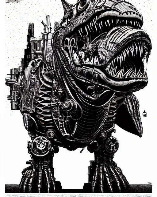 Prompt: a majestic steampunk cyborg t - rex, high details, bold line art, by vincent di fate and joe fenton, inking, etching, screen print, masterpiece, trending on artstation, sharp, high contrast, hyper - detailed,, hd, 4 k, 8 k