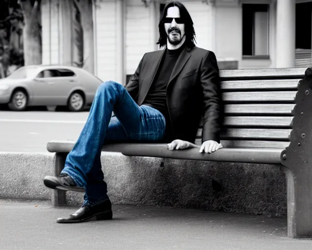 Prompt: 5 5 mm photo of happy keanu reeves in blue jeans and black jacket sitting on a bench in the street. dof. lifelike. ultra detailed. intricate. soft light. nikon d 8 5 0.