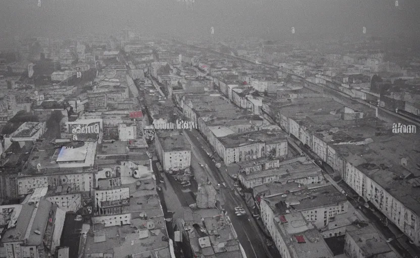 Image similar to 1990s aerial photograph historic footage of a sovietic streets with pedestrians, very large aerial view from a drone, aerial view Cinestill 800t 18mm, heavy grainy picture, very detailed, high quality, 4k panoramic, rain, mud, foggy