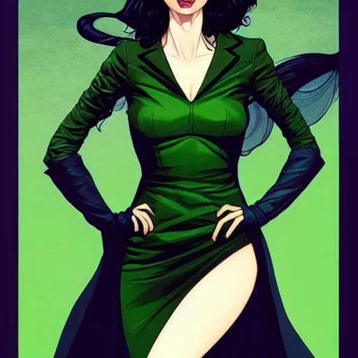 Image similar to beautiful witch Krysten Ritter, style of Joshua Middleton comic book art, Nick Dragotta comic art, black and green eyes, symmetrical face, symmetrical eyes, scary smile, full body, dark green dress