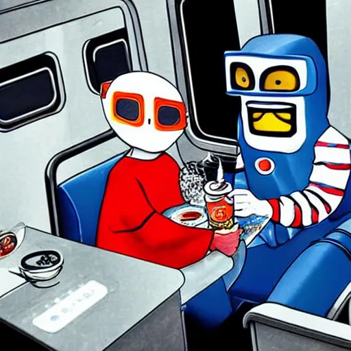 Image similar to lomo astronaut having dinner with cocacola in train