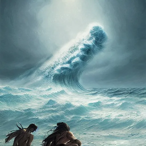 Prompt: tsunami attack, sea, epic fantasy style, in the style of Greg Rutkowski, mythology artwork