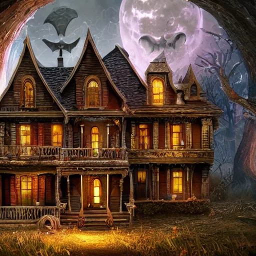 Image similar to spooky House party, Fantasy Hyper detailed digital matte painting, concept art, hyperrealism, Cinema 4D, 8k resolution, 64 megapixels, coherent, bokeh, CGSociety, ZBrush Central, behance HD, hypermaximalist, a masterpiece, 4K