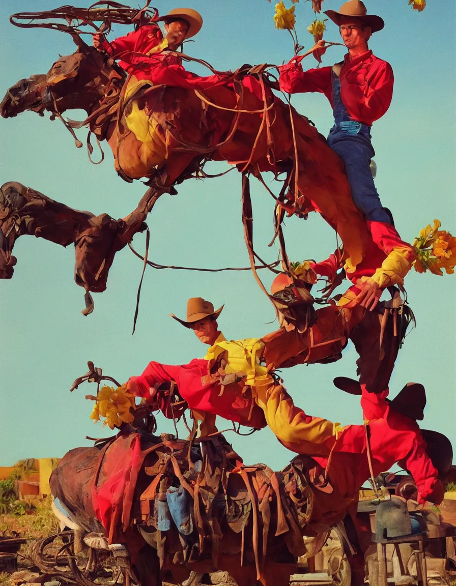 Image similar to a cowboy turning into blooms by slim aarons, by zhang kechun, by lynda benglis. tropical sea slugs, angular sharp tractor tires. complementary colors. warm soft volumetric light. national geographic. 8 k, rendered in octane, smooth gradients. manly cowboy riding by edward hopper and frank frazetta. red accents.