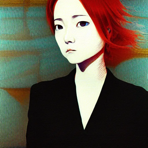 Image similar to yoshitaka amano blurred and dreamy realistic three quarter angle portrait of a young woman with short hair and black eyes wearing office suit with tie, junji ito abstract patterns in the background, satoshi kon anime, noisy film grain effect, highly detailed, renaissance oil painting, weird portrait angle, blurred lost edges