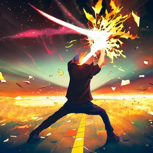 Image similar to man hitting the ground creating a explosion, anime, album cover