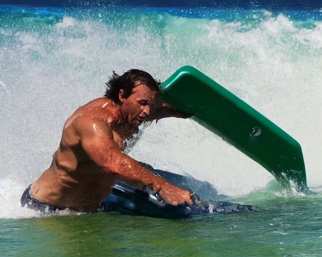 Prompt: single spartan swimming using bodyboard on australian beach, epic award winning action cinematic still from the movie 3 0 0, 8 k, global illumination, detailed face, muscles, rim highlights, hyper realistic, stunning waves, happy vibes