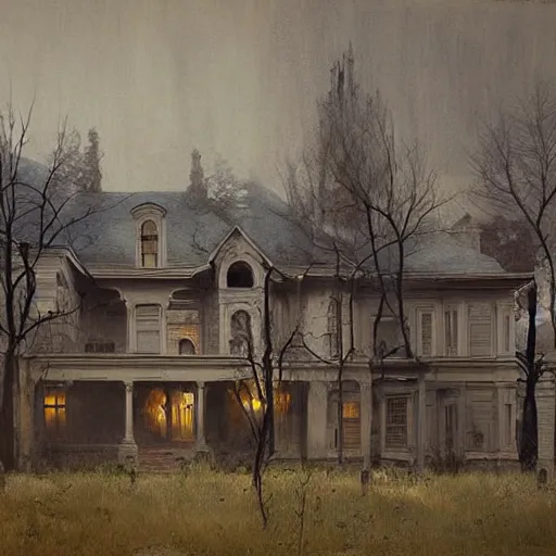 Prompt: A beautiful photograph. It was a mansion of ghosts and monsters, with ghouls in the shadows and demons scuttling behind the wainscotting. cutaway by Jeremy Lipking terrifying