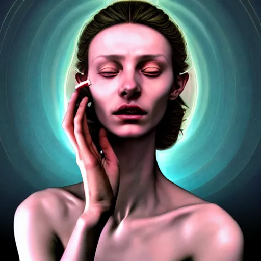 Image similar to Colour Caravaggio style Photography of Beautiful woman with highly detailed 1000 years old face wearing higly detailed sci-fi halo above head designed by Josan Gonzalez. Woman holding cigarette between fingers in her hand, Many details by Kidmograph . In style of Josan Gonzalez and Mike Winkelmann andgreg rutkowski and alphonse muchaand Caspar David Friedrich and Stephen Hickman and James Gurney and Hiromasa Ogura. volumetric natural light