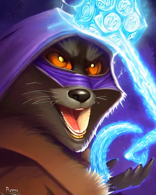 Image similar to closeup, highly detailed digital illustration portrait of hooded sorcerer druid necromancer sly cooper rocket the raccoon casting a magical energy sparkling swirling blue glowing spell in an ancient castle, action pose, d & d, magic the gathering, by rhads, frank frazetta, lois van baarle, jean - baptiste monge, disney, pixar,