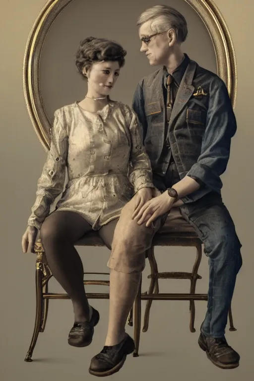Image similar to a beautiful ultradetailed fine art old vintage couples portrait photo of cyborgs sitting on a chair and standing, by tom bagshaw, couples portrait, vignette, 35mm lens, golden ratio composition, studio photography, very detailed, artstation, 8k, highly coherent
