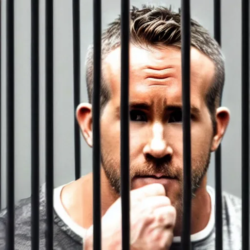 Prompt: Ryan Reynolds in prison uniform behind bars, holding the bars with his hands wanting out, highly detailed, high quality, HD, 4k, 8k, Canon 300mm, professional photographer, 40mp, lifelike, top-rated, award winning, realistic, sharp, no blur, edited, corrected, trending