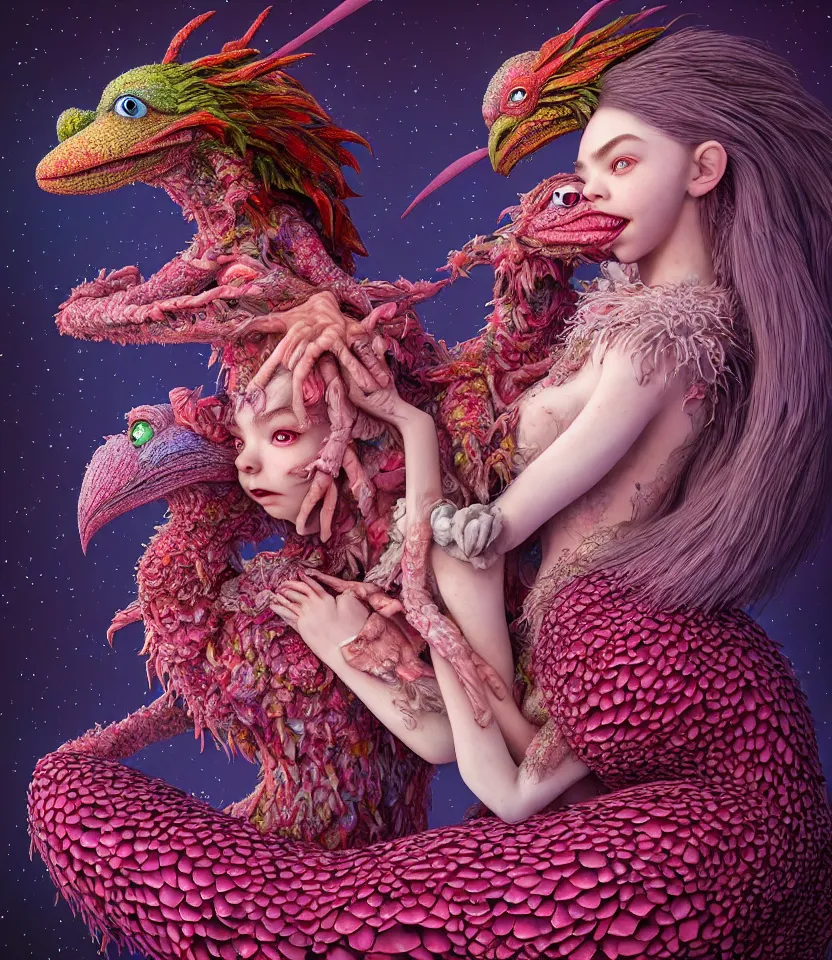 Image similar to hyper detailed 3d render like a Oil painting - kawaii portrait of lovers hugging Aurora (a beautiful girl skeksis muppet fae princess protective playful expressive acrobatic from dark crystal that looks like Anya Taylor-Joy) seen red carpet photoshoot in UVIVF posing in scaly dress to Eat of the Strangling network of yellowcake aerochrome and milky Fruit and His delicate Hands hold of gossamer polyp blossoms bring iridescent fungal flowers whose spores black the foolish stars by Jacek Yerka, Ilya Kuvshinov, Mariusz Lewandowski, Houdini algorithmic generative render, golen ratio, Abstract brush strokes, Masterpiece, Edward Hopper and James Gilleard, Zdzislaw Beksinski, Mark Ryden, Wolfgang Lettl, hints of Yayoi Kasuma and Dr. Seuss, Grant Wood, octane render, 8k