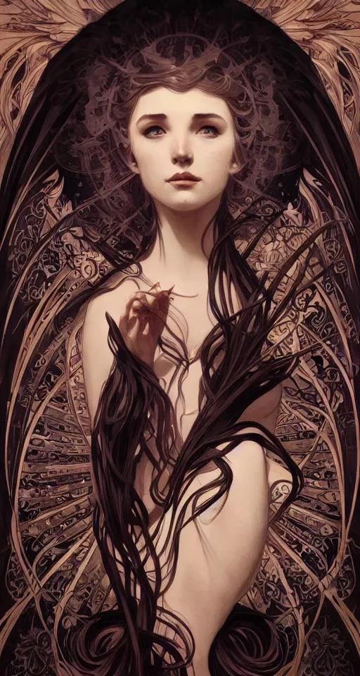 Prompt: A portrait of A beautiful! angel in black flames!! by Ross Tran!!! and alphonse mucha and greg rutkowski! and gustav doré!,In style of digital art illustration.Symmetry.Highly detailed face.Fantasy,smooth,hyper detailed,sharp focus,Soft light.trending on artstation.4k