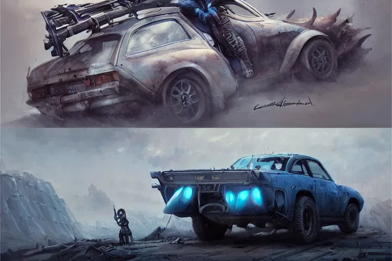 Prompt: a Dacia 1310, in Mad Max style, coriolios rpg art style, full of details, dark sci-fi, cold blue colors, matte painting, artstation, 8k, hyperrealistic, style of peter mohrbacher