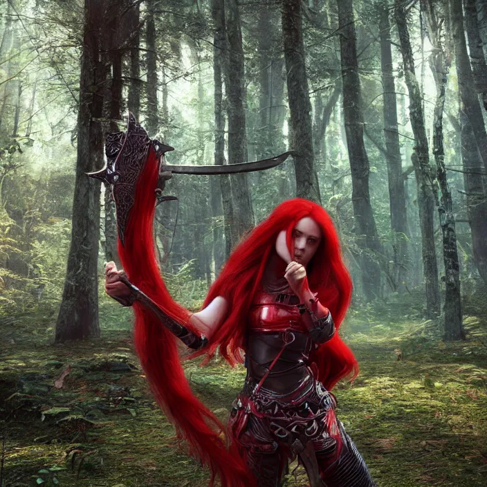 Image similar to a girl with long red hair wearing a red plate armor and holding a big red toothed sword in a forest, 3d render, octane render, unreal engine 5, 8k hdr, hyperrealistic, highly detailed, high quality, concept art, trending on Artstation, full-body armor,