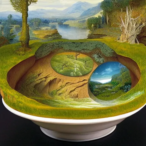 Prompt: a deep stone bowl containing a miniature landscape, surrealism, photorealistic, river and trees and hills, extremely detailed, by clara peeters and rob gonsalves and caspar david friedrich