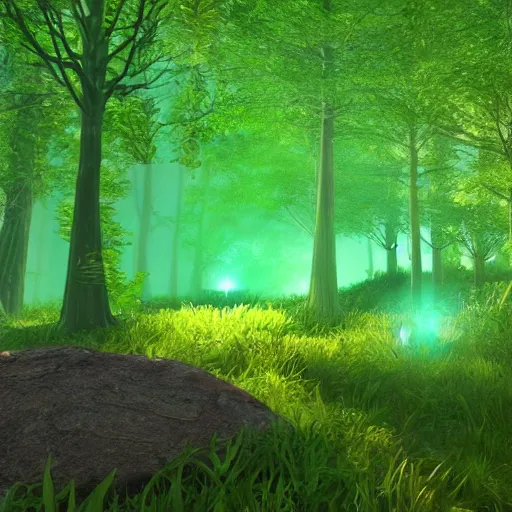 Image similar to glowing green jello mushrooms in a mystical forest, firefly trails, unreal engine